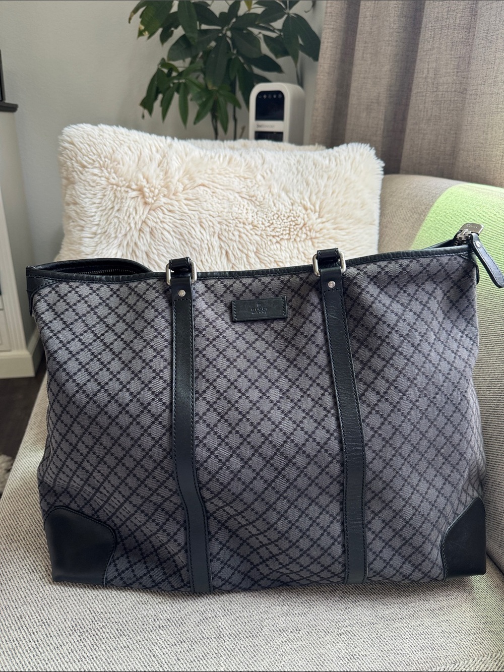 Gray Patterned Tote Bag with Black Trim